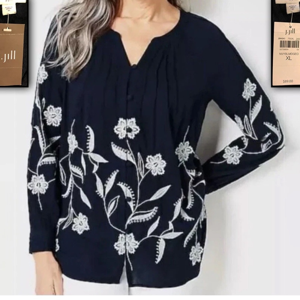 J. Jill Navy Blouse with White Floral Embroidery size Large
